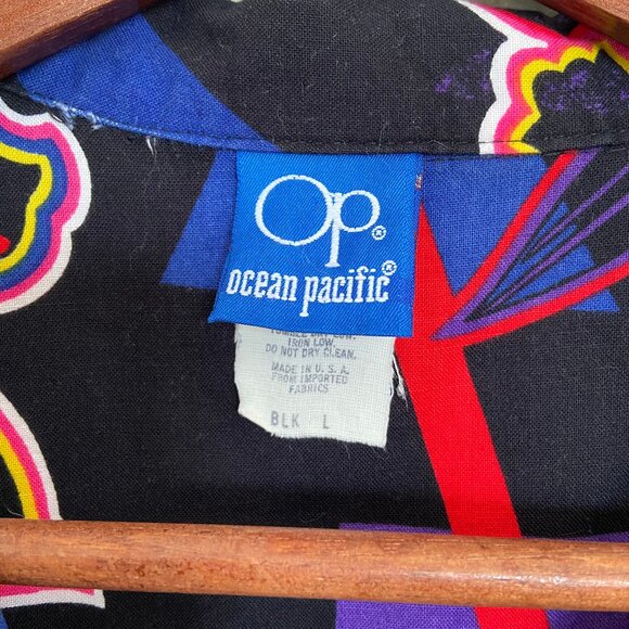 Vintage 1980s OP Ocean Pacific Hawaiian Shirt Neon Tropical Floral Size L - Picture 3 of 8